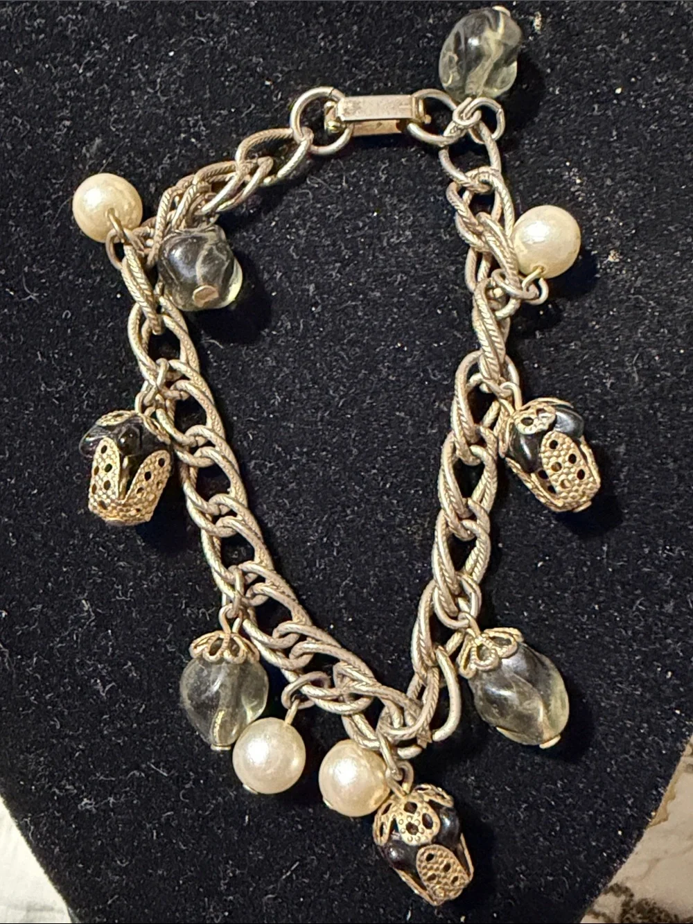 Vintage Gold Tone Charm Bracelet Faux Pearl Glass Beads Filigree Caps